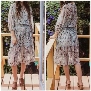 Veronica M blue black tan white chiffon smocked midi dress